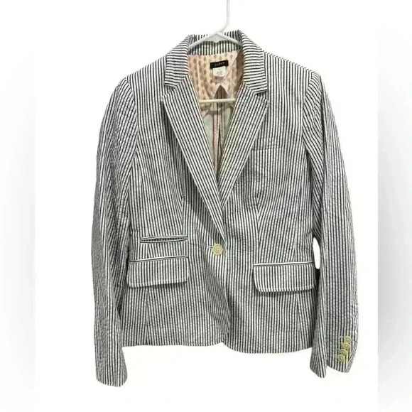J. Crew Seersucker Blue and White Striped Cotton One Button Blazer Size 4 - Picture 1 of 8